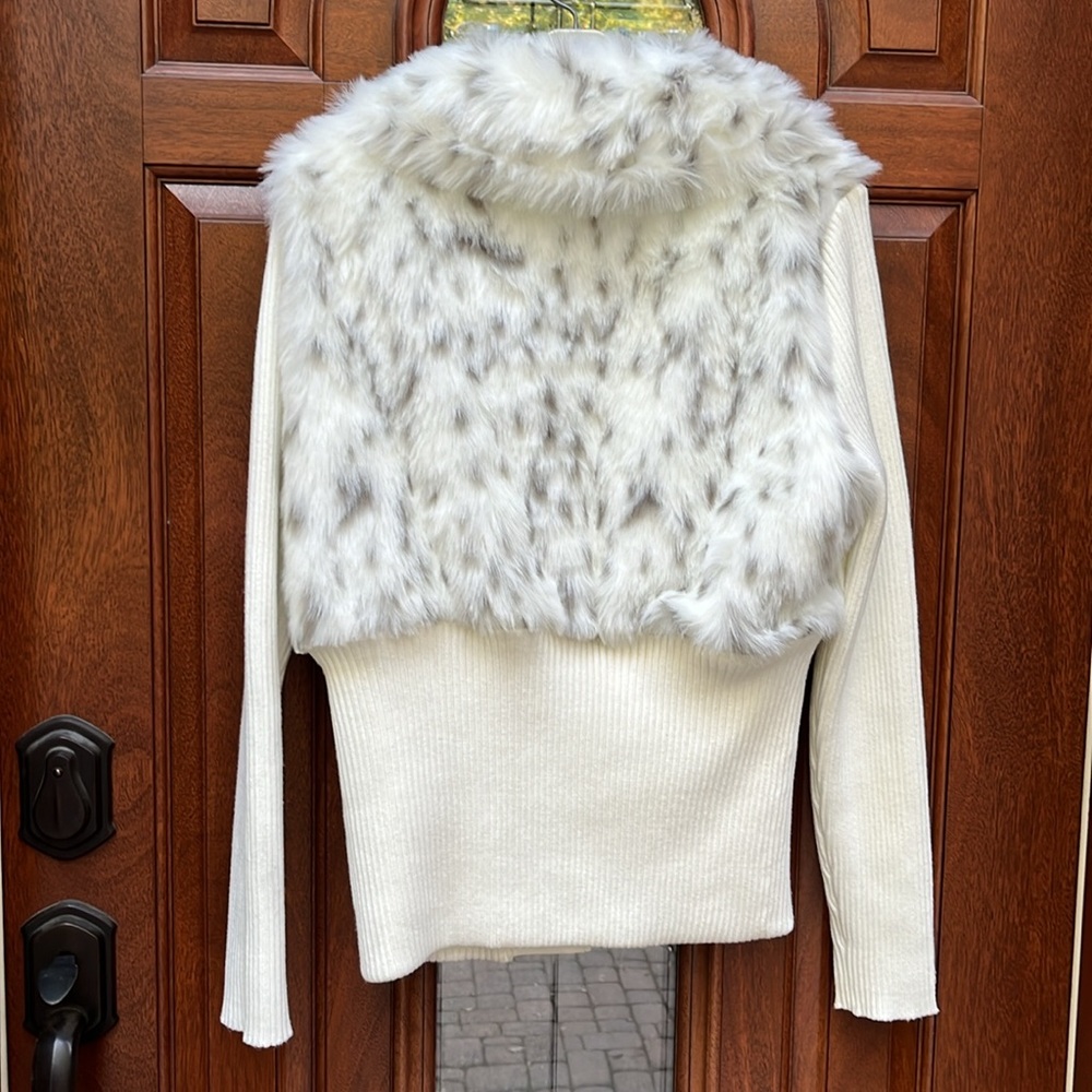 Boston Proper Snow Leopard Faux Fur Cardigan Sweater Sz L - Picture 11 of 17